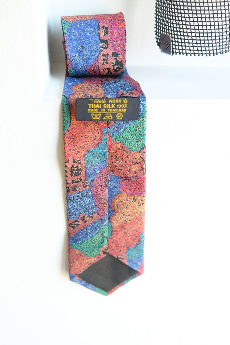 Multicolored Thai Silk Neck Tie Abstract Post Modern Visual Texture Print 90s Colors