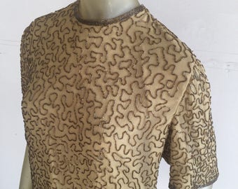 Lawrence Kazar Silk Shirt All Squiggly Sequin Beadwork // 80s Germ Pattern Wild / Sandy Brown Beige