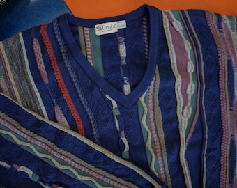 St. Croix Knit Pullover V-Neck Sweater // Coogi Style Biggie Cosby 3-D Texture Knitwear 80s 90s