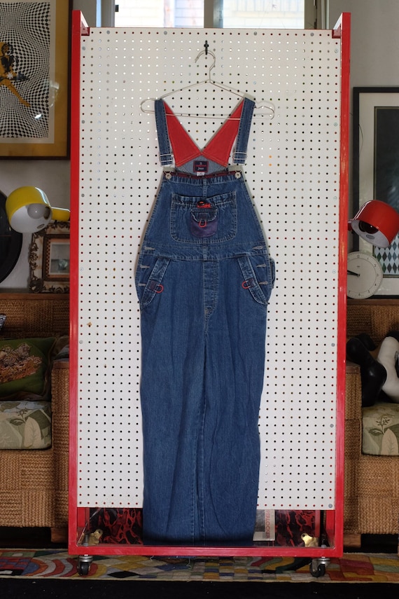 Vtg 90s BUM Equipment Denim Overalls // Blue and R