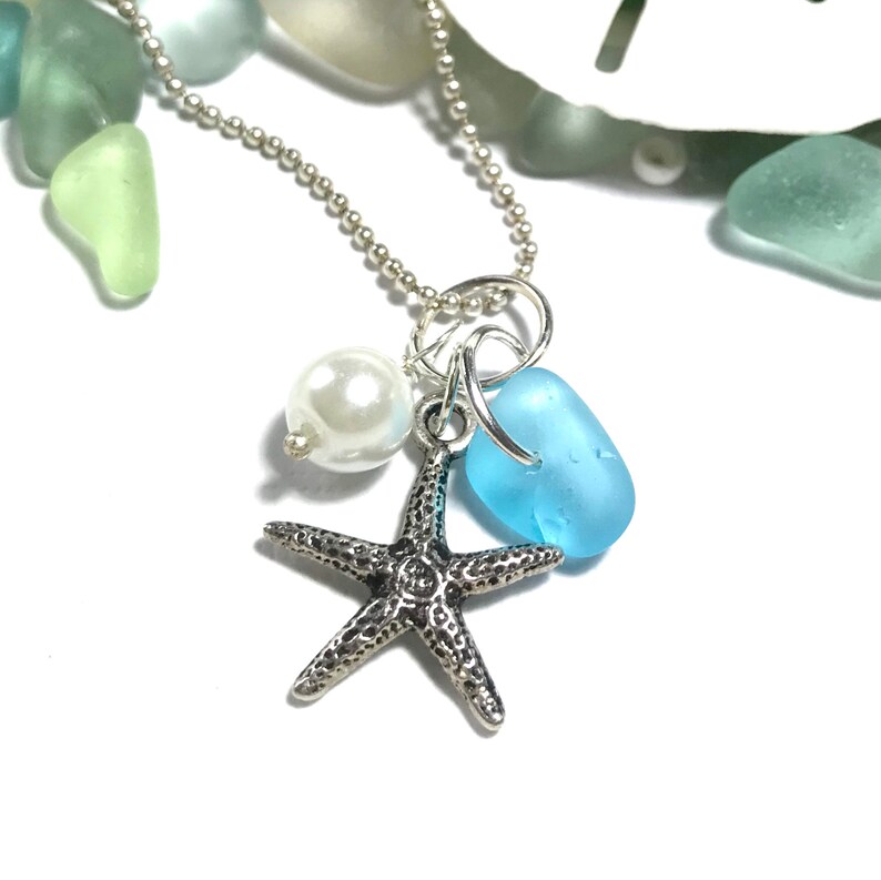 Genuine Sea Glass Jewelry Seafoam Sea Glass Necklace Starfish Charm Beach Jewelry Sea Glass Starfish Beach Wedding Jewelry