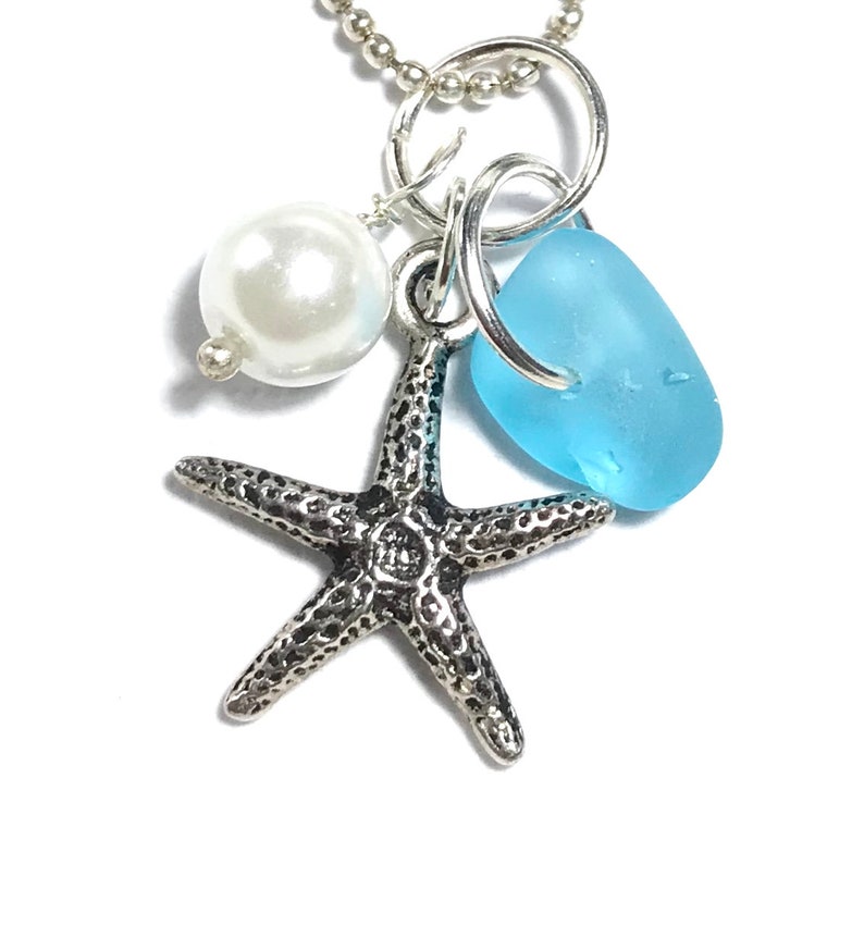 Genuine Sea Glass Jewelry Seafoam Sea Glass Necklace Starfish Charm Beach Jewelry Sea Glass Starfish Beach Wedding Jewelry