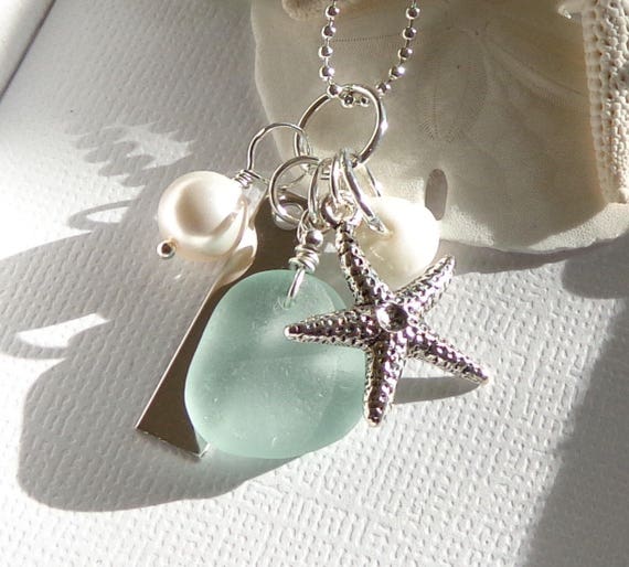Genuine Sea Glass Jewelry Seafoam Sea Glass Necklace Starfish Charm Beach Jewelry Sea Glass Starfish Beach Wedding Jewelry