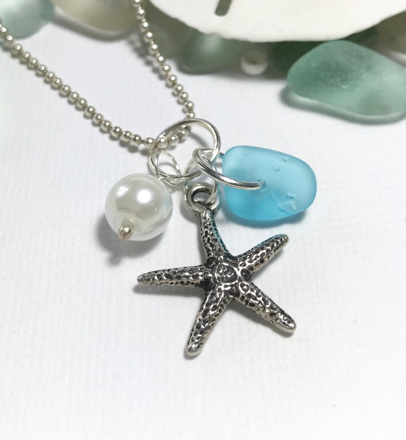 Genuine Sea Glass Jewelry Seafoam Sea Glass Necklace Starfish Charm Beach Jewelry Sea Glass Starfish Beach Wedding Jewelry