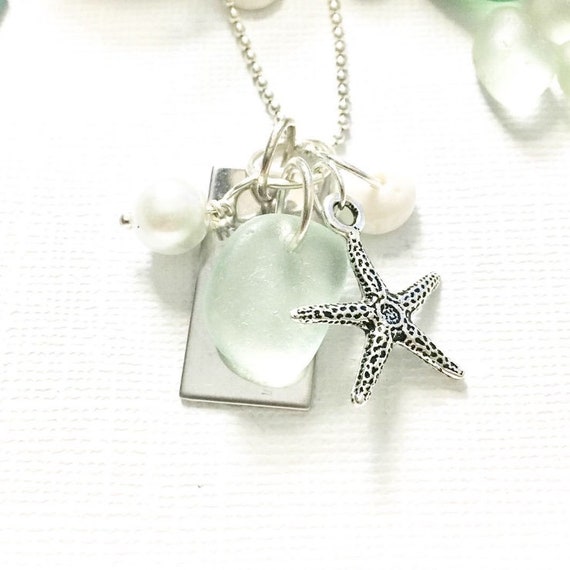 Genuine Sea Glass Jewelry Seafoam Sea Glass Necklace Starfish Charm Beach Jewelry Sea Glass Starfish Beach Wedding Jewelry