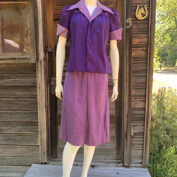 1940s Purple handmade Iron Cross novelty print 2pc skirt suit 70s