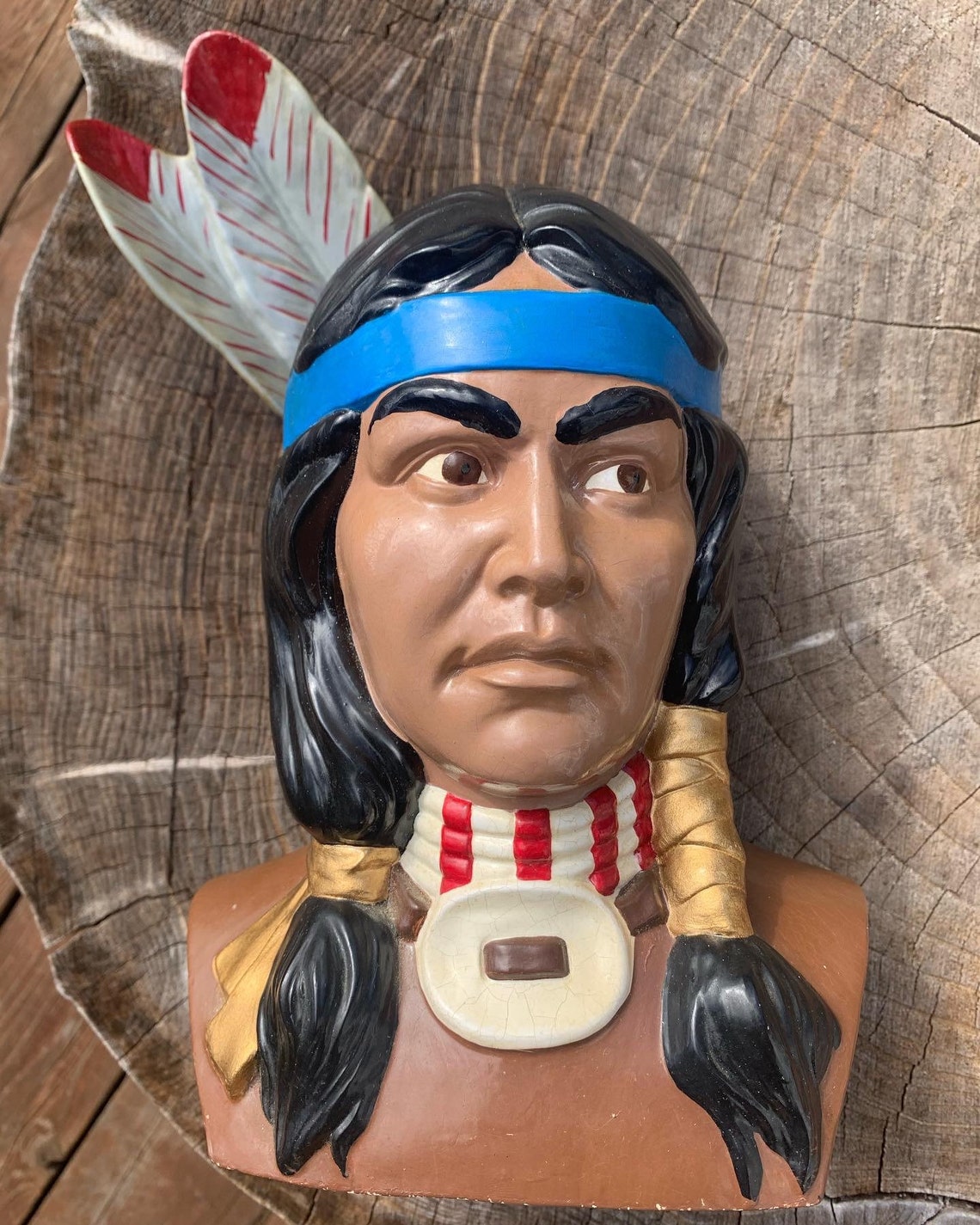 Vintage 1980 Native American Ceramic Hand Painted Bust Figure Large 12
