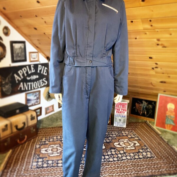 1940s style vintage blue 2 tone insulated snow coveralls jumpsuit 2 piece attach