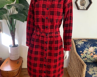 Fads Red/Black Buffalo Plaid Corduroy Shirt Dress M Grunge pockets 90s Vintage