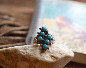 1970/'s Old Pawn Zuni Silver Turquoise Petit Point Ring; Native American Jewelry; Vintage Southwestern Ring