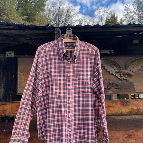 Vintage 60s 70s thin soft red plaid button up mens shirt L