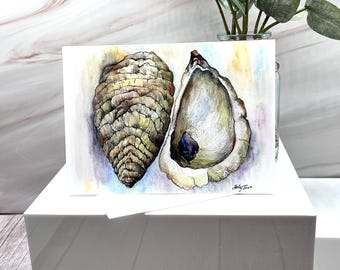 Oyster Shell Card, Coastal Shell Art, Nautical Greeting 5 x 7 Blank Inside