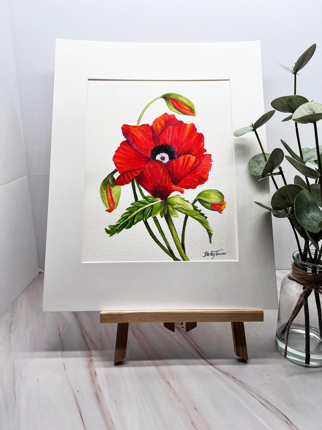 Red Poppy Watercolor Painting Original, Botanical Floral Art, Matted ...