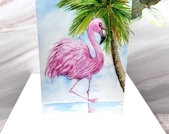 Watercolor Flamingo Tropical Card – Beach Palm Tree Greeting 5x7