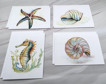 Seashell Greeting Card, Set of 4 designs, Watercolor Stationery