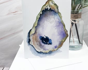 Oyster Greeting Card - Coastal Watercolor, Beach Art,