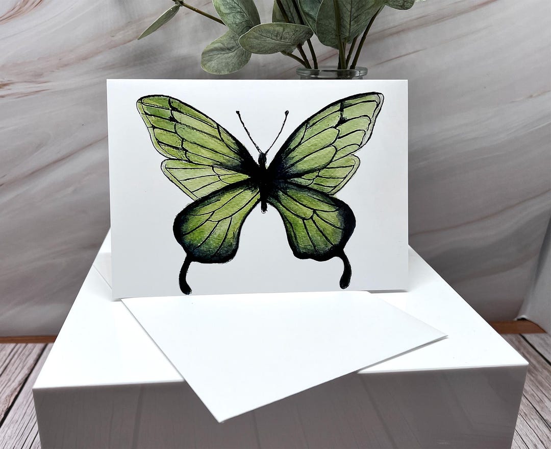 Green Butterfly Greeting Card, Watercolor Nature Note Card 5x7 Blank ...