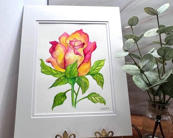 Rose Watercolor Painting Original Floral Art, Pink Yellow Rose Artwork, Botanical Wall Decor, Matted 11x14
