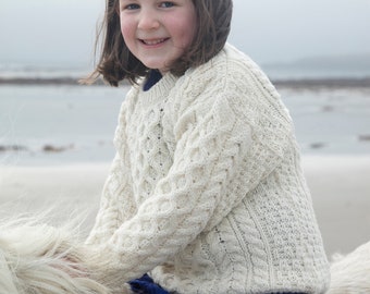 Girls Traditional Aran Wool Sweater,100% Soft Merino Wool- MADE IN IRELAND- White-Childrens