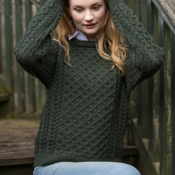 Traditionnel pull Aran, pull pêcheur irlandais,100% Laine mérinos douce- MADE IN IRELAND- Heavyweight- Vert foncé