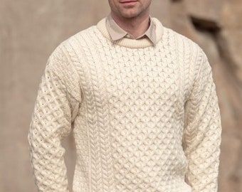 Traditionnel pull Aran, pull pêcheur irlandais,100% Laine mérinos douce- MADE IN IRELAND- Heavyweight- Blanc