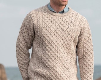 Traditional Aran Sweater, Irish Fisherman Sweater,100% Soft Merino Wool- MADE IN IRELAND- Heavyweight- Oatmeal