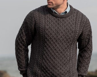 Traditional Aran Sweater, Irish Fisherman Sweater,100% Soft Merino Wool- MADE IN IRELAND- Heavyweight- Charcoal Grey