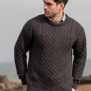 Traditional Aran Sweater, Irish Fisherman Sweater,100% Soft Merino Wool- MADE IN IRELAND- Heavyweight- Charcoal Grey