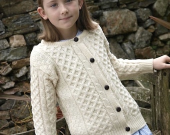 Girls Traditional Aran Wool Cardigan,100% Soft Merino Wool- MADE IN IRELAND- White-Childrens