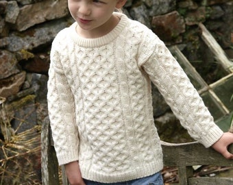 Boys Traditional Aran Wool Sweater,100% Soft Merino Wool- MADE IN IRELAND- White-Childrens