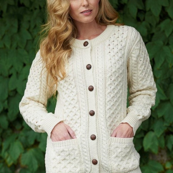 Traditional Aran Cardigan, Irish Fisherman Cardigan,100% Soft Wool- MADE IN IRELAND- Heavyweight- White