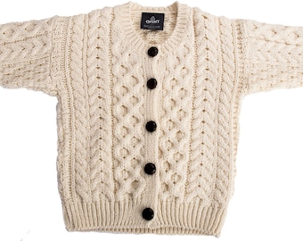 Boys Traditional Aran Wool Cardigan,100% Soft Merino Wool- MADE IN IRELAND- White-Childrens