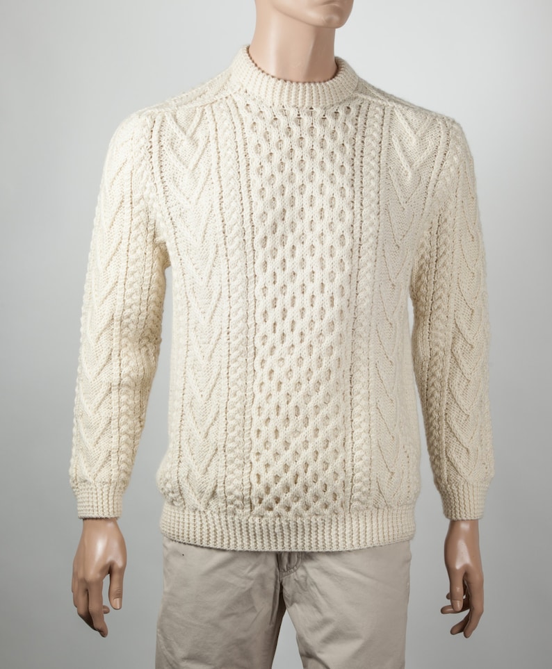 Traditional Aran Sweater, Irish Fisherman Sweater,100% Soft Merino Wool MADE IN IRELAND Heavyweight White image 2