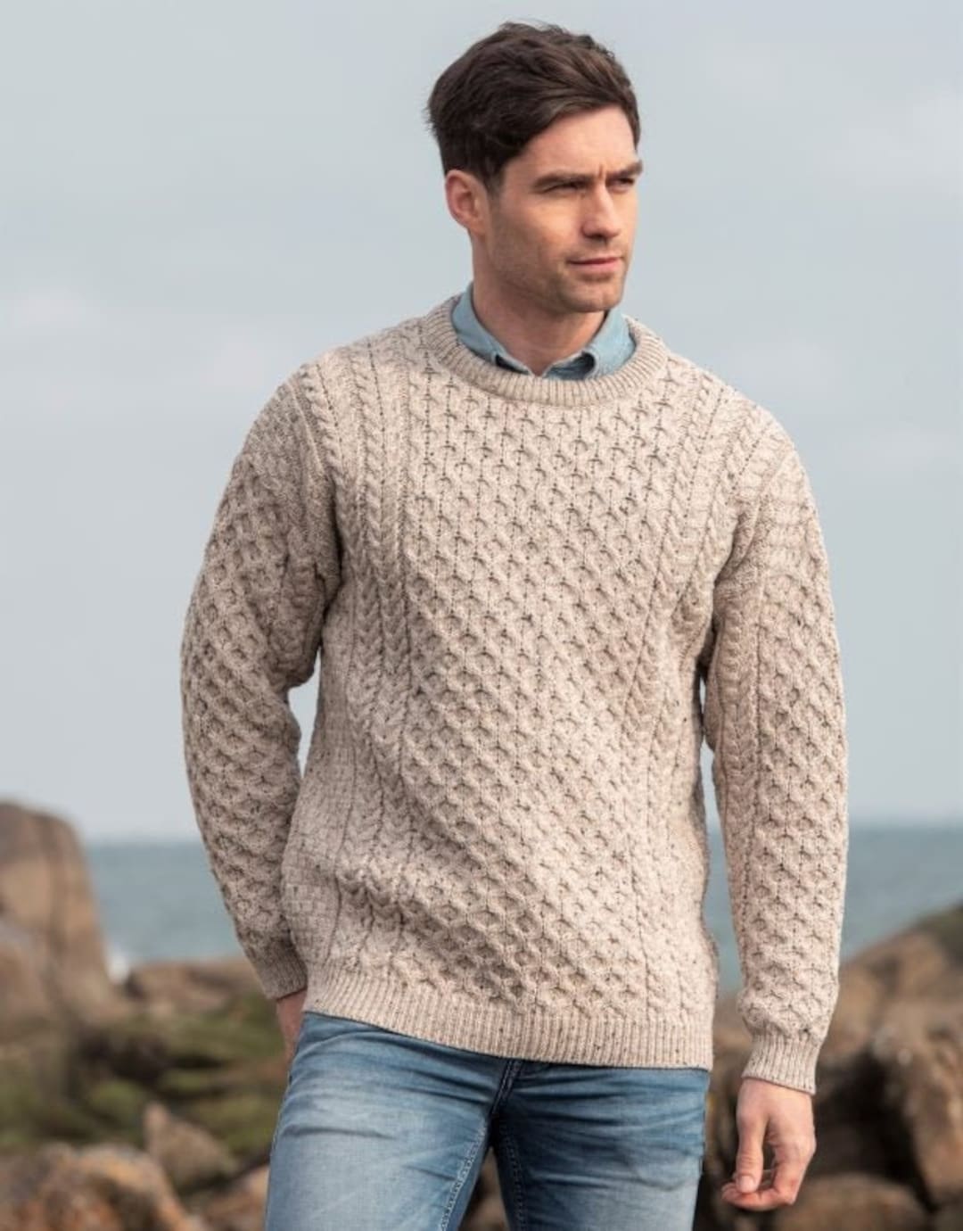 Buy Traditional Aran Sweater, Irish Fisherman Sweater,100% Soft Merino Wool  MADE IN IRELAND Heavyweight Oatmeal Online in India 
