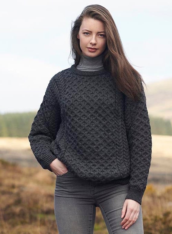 Traditional Aran Sweater, Irish Fisherman Sweater,100% Soft Merino Wool  MADE IN IRELAND Heavyweight Charcoal Grey 
