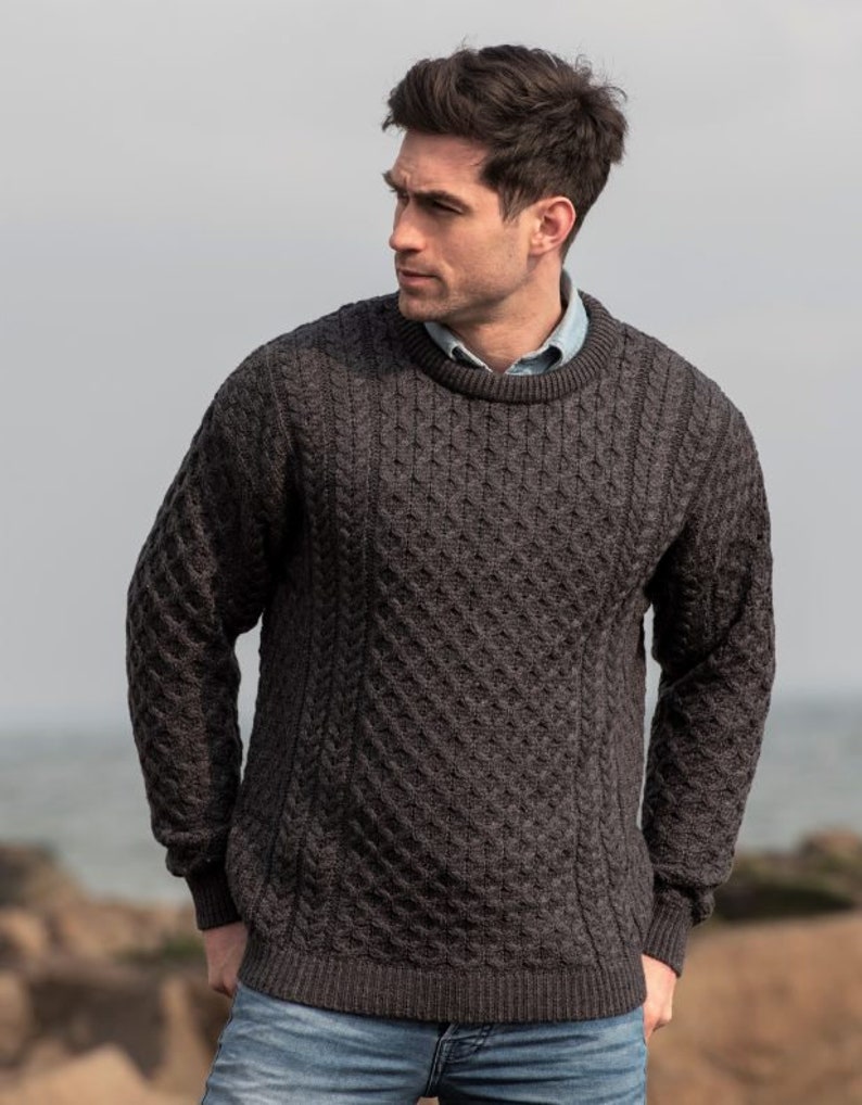 Traditional Aran Sweater, Irish Fisherman Sweater,100% Soft Merino Wool MADE IN IRELAND Heavyweight Charcoal Grey image 1