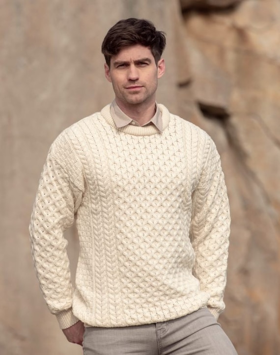 Traditional Aran Sweater, Irish Fisherman Sweater,100% Soft Merino Wool  MADE IN IRELAND Heavyweight White 