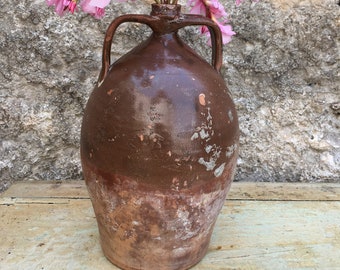 Antique Abruzzese Amphora from the Early 1900s - Two-Handled Glazed Terracotta Oil Jug - Traditional Rustic Craftsmanship