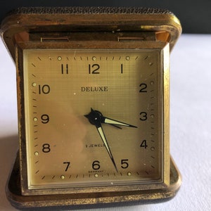 Vintage DeLuxe Windup Travel Alarm Clock 2 Jewels Black Leather-Mechanical-Made in Germany