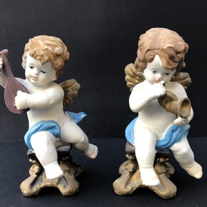 Pair of Italian Ceramic Putti Cherubs Playing Music Hand Painted