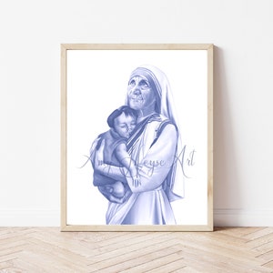 St. Teresa of Calcutta, blue and white, Catholic fine art print, 5x7&quot; or 8x10&quot; unframed