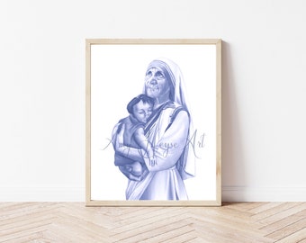 St. Teresa of Calcutta, blue and white, Catholic fine art print, 5x7" or 8x10" unframed