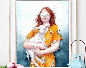 Blind Trust - woman holding lamb, blindfolded, 5x7 or 8x10 print unframed