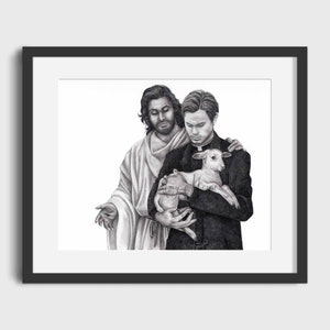 We Shepherd Together - Jesus and Catholic priest holding a lamb fine art print 5x7" or 8x10" unframed