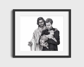 We Shepherd Together - Jesus and Catholic priest holding a lamb fine art print 5x7" or 8x10" unframed