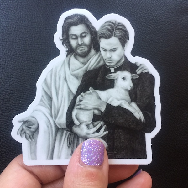 We Shepherd Together, Jesus with priest and lamb Catholic vinyl sticker