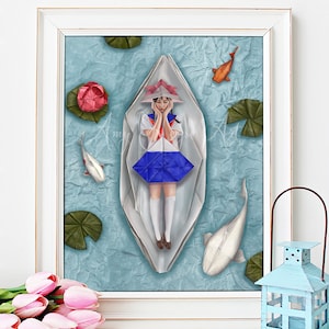 Origamimeisje in boot met koi, Psalm 23:2, "Naar stille wateren leidt hij me" fine-art aquarelprint, 5 x 7" of 8 x 10" ingelijst