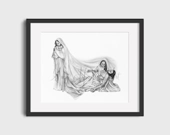 Swaddle and Shroud - The Life and Death of Jesus; Jesus and Mary Catholic art print 5x7" or 8x10" unframed