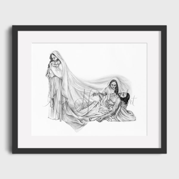 Swaddle and Shroud - The Life and Death of Jesus; Jesus and Mary Catholic art print 5x7" or 8x10" unframed
