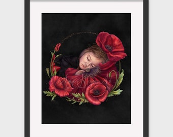 Dormant - petite fille dormant avec des fleurs de pavot, coquelicots fine art aquarelle photo impression 5 x 7" ou 8 x 10" sans cadre